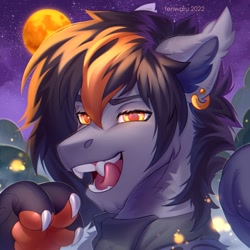 Size: 2000x2000 | Tagged: safe, artist:fenwaru, derpibooru import, oc, oc only, pony, bust, claws, clothes, colored pupils, ear piercing, earring, fangs, jewelry, moon, piercing, scarf, solo