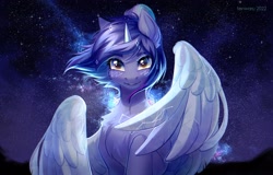 Size: 3600x2300 | Tagged: safe, artist:fenwaru, derpibooru import, oc, oc only, oc:asteria, alicorn, pony, alicorn oc, horn, night, solo, stars, wings