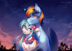 Size: 3507x2480 | Tagged: safe, artist:fenwaru, derpibooru import, oc, oc only, oc:seascape, oc:skysail, earth pony, hippogriff, pony, duo, flower, flower in hair, lei, shooting star, twilight (astronomy)