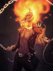 Size: 1500x2000 | Tagged: safe, artist:dementra369, derpibooru import, oc, oc only, oc:ruby drop, anthro, chains, claws, clothes, collar, fire, ghost rider, grin, looking at you, mane of fire, rule 63, smiling, solo, spiked collar