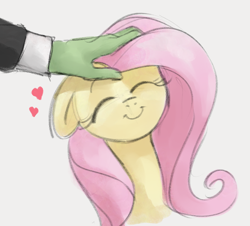 Size: 1026x929 | Tagged: safe, artist:dotkwa, derpibooru import, fluttershy, oc, oc:anon, human, pegasus, pony, bust, cute, disembodied hand, ears, eyes closed, female, floating heart, floppy ears, flutterpet, gray background, hand, head pat, heart, male, mare, offscreen character, pat, pet, petting, shyabetes, simple background, smiling, solo focus