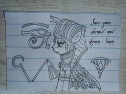 Size: 1706x1280 | Tagged: safe, artist:tupuan, derpibooru import, oc, oc only, abyssinian, earth pony, pony, cleopatra, egypt, egyptian, lined paper, solo, traditional art