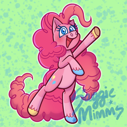 Size: 2048x2048 | Tagged: safe, artist:saggiemimms, derpibooru import, pinkie pie, earth pony, pony, abstract background, bipedal, colored hooves, female, freckles, greeting, high res, looking at you, mare, open mouth, open smile, raised hoof, raised leg, smiling, solo
