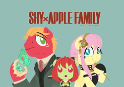 Size: 2740x1920 | Tagged: safe, alternate version, anonymous artist, derpibooru import, big macintosh, fluttershy, oc, oc:late riser, earth pony, pegasus, pony, series:fm holidays, alternate hairstyle, anime, anya forger, baby, baby pony, clothes, colt, cosplay, costume, crossdressing, crossplay, dress, family, female, fluttermac, foal, green background, katakana, knitting needles, lineless, loid forger, male, mare, necktie, no pupils, offspring, parent:big macintosh, parent:fluttershy, parents:fluttermac, school uniform, shipping, simple background, spy x family, stallion, straight, suit, tape, text, watergun, yor forger