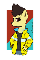 Size: 815x1226 | Tagged: safe, artist:d3f4ult_4rt1st, derpibooru import, oc, earth pony, pony, abstract background, clothes, colored sketch, cyberpunk, cyberpunk 2077, jacket, male, ponified, simple background, solo