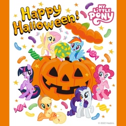 Size: 1080x1080 | Tagged: safe, artist:mylittleponyjpn, derpibooru import, applejack, fluttershy, pinkie pie, rainbow dash, rarity, twilight sparkle, unicorn twilight, earth pony, pegasus, pony, unicorn, candy, female, food, halloween, happy halloween, holiday, jack-o-lantern, late, mane six, mare, my little pony logo, official, pumpkin