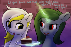 Size: 3072x2048 | Tagged: safe, artist:darbedarmoc, derpibooru import, oc, oc:minerva, pegasus, pony, unicorn, birthday, birthday cake, cake, dialogue, duo, duo female, eyes on the prize, fangs, female, females only, food, golden eyes, looking at each other, looking at someone, magic, red eyes, smiling, telekinesis, tongue, tongue out, two toned mane