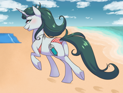 Size: 1600x1200 | Tagged: safe, artist:floots, derpibooru import, oc, oc only, oc:aquaria lance, pony, unicorn, beach, beach babe, beach towel, bikini, butt, clothes, dock, female, looking at you, looking back, looking back at you, looking over shoulder, mare, ocean, open mouth, open smile, plot, smiling, smiling at you, solo, striped bikini, striped swimsuit, swimsuit, water