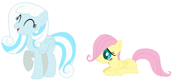 Size: 792x376 | Tagged: safe, artist:janethepegasus, artist:selenaede, derpibooru import, fluttershy, oc, oc:snowdrop, pegasus, 2017, alternate universe, base used, duo, duo female, eyes closed, female, filly, filly fluttershy, foal, mare, older snowdrop, pegasus oc, role reversal, simple background, white background, younger