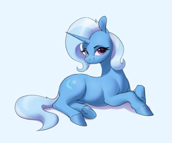 Size: 3320x2750 | Tagged: safe, artist:aquaticvibes, derpibooru import, trixie, pony, unicorn, blue background, female, light blue background, looking at you, lying down, mare, prone, simple background, smiling, smiling at you, solo, underhoof