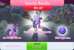 Size: 1270x860 | Tagged: safe, derpibooru import, twilight sparkle, twilight sparkle (alicorn), alicorn, pony, robot, robot pony, antennae, bundle, camera, costs real money, duality, english, female, gameloft, gem, height difference, horn, magic coins, mare, numbers, official, roboticization, sale, solo, solo focus, spread wings, text, tree, twibot, wings