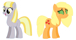 Size: 744x387 | Tagged: safe, artist:janethepegasus, artist:selenaede, derpibooru import, applejack, oc, oc:ruby (story of the blanks), earth pony, ghost, ghost pony, 2017, alternate universe, base used, duo, duo female, female, green eyes, mare, missing cutie mark, role reversal, simple background, story of the blanks, white background