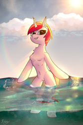 Size: 4000x6000 | Tagged: safe, artist:kainy, derpibooru import, oc, oc:linaxero, unicorn, absurd file size, absurd resolution, cloud, smiling, sun, water