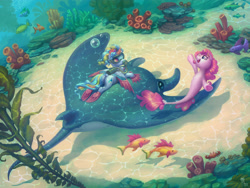 Size: 4000x3000 | Tagged: safe, artist:gor1ck, derpibooru import, pinkie pie, oc, oc:siriusnavigator, alicorn, crab, fish, manta ray, pony, seapony (g4), commission, diving, duo, flippers (gear), scuba gear, seaweed, solo, swimming, underwater, water, ych result