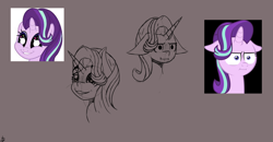 Size: 1152x600 | Tagged: safe, artist:rookiecookie, derpibooru import, starlight glimmer, pony, unicorn, :i, doodle, ears, face, female, floppy ears, i mean i see, practice, simple background, sketch, solo