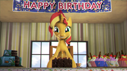 Size: 3840x2160 | Tagged: safe, artist:egr1n, derpibooru import, sunset shimmer, pony, unicorn, 3d, 4k, banner, birthday, candle, chair, cup, cupcake, cute, day, female, fire, food, grin, hat, high res, horn, looking at you, party hat, pie, shimmerbetes, smiling, smiling at you, smirk, solo, source filmmaker, sun, table, teacup, wallpaper, window