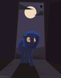 Size: 882x1117 | Tagged: safe, artist:binkyroom, derpibooru import, oc, spider, unicorn, abandoned house, commission, dark, moon, old house, scared, shadow, solo, spider web, spooky, wooden floor, ych result