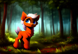 Size: 1664x1152 | Tagged: safe, derpibooru import, generator:stable diffusion, machine learning generated, deer, deer pony, original species, chest fluff, cute, detailed background, female, fluffy, forest, mare, smiling, solo