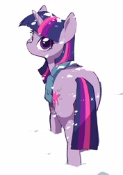 Size: 2894x4093 | Tagged: safe, artist:potetecyu_to, derpibooru import, twilight sparkle, unicorn twilight, pony, unicorn, bag, butt, crying, female, looking at you, looking back, looking back at you, mare, plot, rear view, sad, satchel, snow, solo, teary eyes, twibutt