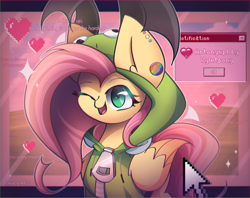 Size: 2400x1900 | Tagged: safe, artist:miryelis, derpibooru import, fluttershy, pegasus, pony, aesthetics, antonymph, clothes, cursor, cute, fluttgirshy, gir, heart, long hair, looking at you, microsoft, one eye closed, open mouth, smiling, smiling at you, solo, spread wings, suit, text, vylet pony, windows, wings