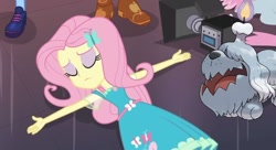 Size: 624x340 | Tagged: safe, derpibooru import, edit, edited screencap, screencap, fluttershy, better together, equestria girls, outtakes (episode), greavard, lying down, pokémon, pokémon scarlet and violet, this will end in death, this will not end well