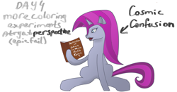 Size: 1715x899 | Tagged: safe, derpibooru import, oc, oc:cosmic confusion, pony, unicorn, book, fangs, purple hair, simple background, solo, text, white background