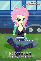 Size: 500x750 | Tagged: safe, artist:jakepixels, derpibooru import, fluttershy, human, better together, equestria girls, the road less scheduled, the road less scheduled: fluttershy, breasts, female, flutterpunk, gothic, gumroad, gumroad logo, hootershy, looking at you, patreon, patreon logo, png, punk, road, solo, spread legs, spreading