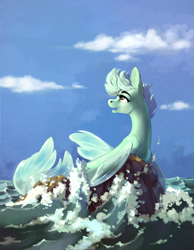 Size: 1939x2500 | Tagged: safe, artist:28gooddays, derpibooru import, oc, oc only, seapony (g4), cloud, digital art, fin wings, fins, fish tail, flowing tail, high res, looking up, ocean, open mouth, rock, sky, smiling, solo, tail, water, wings