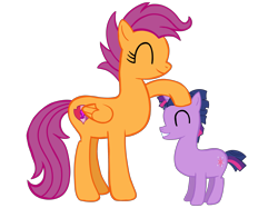 Size: 2732x2048 | Tagged: safe, artist:turnaboutart, derpibooru import, dusk shine, scootaloo, twilight sparkle, pegasus, pony, unicorn, adopted offspring, age swap, alternate universe, colt, female, foal, male, mare, older, older scootaloo, role reversal, rule 63, simple background, transparent background, younger