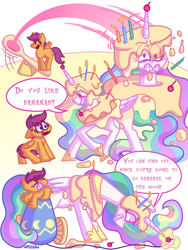 Size: 1536x2048 | Tagged: safe, artist:eucalipt, derpibooru import, bon bon, princess celestia, scootaloo, sweetie drops, alicorn, pegasus, pony, angry, cake, cannon, catapult, comic, commission, do you like bananas?, duo, food, fuse, glowing, glowing horn, gritted teeth, horn, magic, motion lines, pony cannonball, prank, teeth, to the moon
