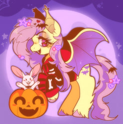 Size: 1276x1292 | Tagged: safe, artist:lavendream-art, derpibooru import, angel bunny, fluttershy, bat pony, pegasus, pony, bat ponified, fangs, female, flutterbat, halloween, holiday, mare, pumpkin, race swap, solo