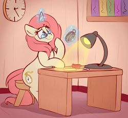 Size: 2130x1962 | Tagged: safe, artist:graphene, derpibooru import, oc, oc only, oc:rose pendant, pony, unicorn, female, glasses, lamp, magic, mare, pocket watch, sitting, solo, table