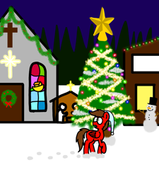 Size: 1275x1414 | Tagged: safe, artist:professorventurer, derpibooru import, oc, oc only, oc:professor venturer, pegasus, pony, chapel, christmas, christmas lights, christmas tree, church, cross, garland, holiday, nativity scene, night, shop, snowman, tinsel, tree