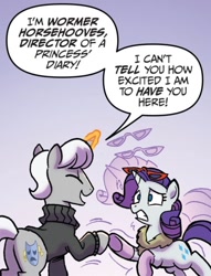 Size: 744x972 | Tagged: safe, artist:tonyfleecs, derpibooru import, idw, rarity, pony, unicorn, g4, spoiler:comic, spoiler:comic66, dialogue, duo, female, hoofshake, male, mare, speech bubble, stallion, wormer horsehooves