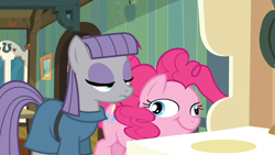Size: 1000x563 | Tagged: safe, derpibooru import, screencap, maud pie, pinkie pie, earth pony, pony, maud pie (episode), eyes closed, female, great moments in animation, mare, mid-blink screencap, siblings, sisters, smear frame, solo, wide eyes