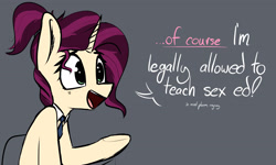 Size: 2345x1403 | Tagged: safe, alternate version, artist:pinkberry, derpibooru import, oc, oc only, oc:mulberry merlot, pony, unicorn, dialogue, doodle, female, freckles, gray background, interview, job interview, mare, open mouth, simple background, sketch, solo