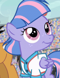 Size: 800x1046 | Tagged: safe, derpibooru import, screencap, quibble pants, wind sprint, earth pony, pegasus, pony, common ground, animated, clothes, cropped, crowd, cute, female, filly, foal, freckles, gif, looking around, male, shirt, smiling, solo focus, sprintabetes, stallion, uniform