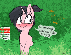Size: 2602x2007 | Tagged: safe, artist:pinkberry, oc, oc only, oc:mae (pinkberry), pony, unicorn, bush, i've seen enough hentai to know where this is going, imminent bestiality, imminent rape, imminent sex, mae be a zooslut, solo, stuck, trapped