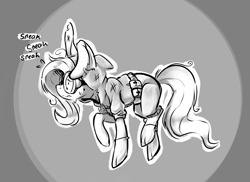 Size: 1295x942 | Tagged: safe, artist:sketchtablet, derpibooru import, fluttershy, pegasus, pony, clothes, costume, dangerous mission outfit, female, goggles, hoodie, mare, monochrome, nervous, sneaking, solo, sweat