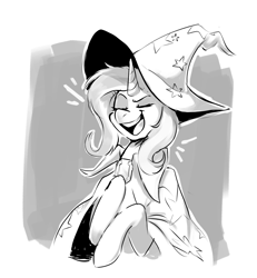 Size: 1218x1318 | Tagged: safe, artist:sketchtablet, derpibooru import, trixie, pony, unicorn, boasting, bust, cape, clothes, eyes closed, female, grayscale, hat, mare, monochrome, open mouth, portrait, trixie's cape, trixie's hat