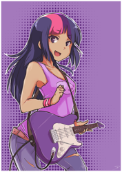 Size: 2480x3507 | Tagged: safe, artist:derpiihooves, derpibooru import, twilight sparkle, human, abstract background, april fools, armband, bare shoulders, canter girls, clothes, cute, cute little fangs, dark skin, electric guitar, fangs, female, guitar, high res, humanized, jeans, musical instrument, open mouth, pants, ripped jeans, ripped pants, sleeveless, smiling, solo, starswirl academy, tai saito, tanktop, torn clothes