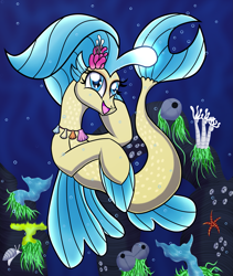 Size: 1829x2162 | Tagged: safe, artist:heartshielder1991, derpibooru import, princess skystar, seapony (g4), my little pony: the movie, bioluminescent, blue eyes, bubble, coral, cute, digital art, dorsal fin, eyelashes, female, fin wings, fins, fish tail, flower, flower in hair, flowing mane, freckles, glowing, jewelry, looking at you, necklace, ocean, open mouth, pearl necklace, reef, seashell, seashell necklace, seaweed, shell, smiling, smiling at you, solo, starfish, swimming, tail, underwater, water, wings