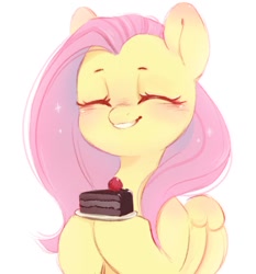 Size: 982x1055 | Tagged: safe, artist:melodylibris, derpibooru import, fluttershy, pegasus, pony, blushing, bust, cake, cake slice, cute, ear blush, eyes closed, female, food, grin, hoof hold, mare, shyabetes, simple background, smiling, solo, white background