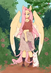 Size: 1431x2048 | Tagged: safe, artist:lanabeerawr, derpibooru import, angel bunny, fluttershy, anthro, pegasus, plantigrade anthro, rabbit, animal, choker, clothes, colored wings, colored wingtips, dress, eye clipping through hair, eyebrows, eyebrows visible through hair, socks, wings