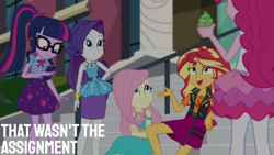 Size: 1920x1080 | Tagged: safe, derpibooru import, edit, edited screencap, editor:quoterific, screencap, fluttershy, pinkie pie, rarity, sci-twi, sunset shimmer, twilight sparkle, better together, equestria girls, text support