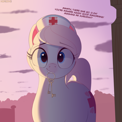 Size: 3000x3000 | Tagged: safe, artist:nording, derpibooru import, nurse redheart, earth pony, pony, g4, cute, cutie mark, dialogue, female, hat, heart, heart eyes, heartabetes, key, looking at you, mare, mouth hold, nurse hat, smiling, solo, speech, tail, talking, text, wingding eyes