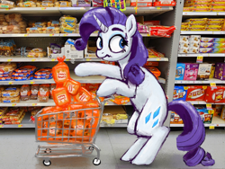 Size: 2720x2048 | Tagged: safe, artist:phutashi, derpibooru import, rarity, pony, unicorn, bipedal, bipedal leaning, bread, female, food, grocery store, high res, irl, leaning, looking around, mare, nervous, photo, ponies in real life, rolls, shopping, shopping cart, solo