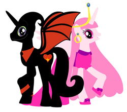 Size: 2992x2644 | Tagged: safe, artist:nathaniel718, derpibooru import, alicorn, pony, adventure time, business suit, cartoon network, clothes, crown, dress, ear piercing, earring, female, jewelry, looking at you, male, mare, nergal, nergal and princess bubblegum, piercing, princess bubblegum, regalia, shoes, simple background, stallion, the grim adventures of billy and mandy, white background
