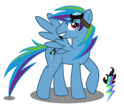 Size: 900x777 | Tagged: safe, artist:lugiaangel, derpibooru import, oc, oc only, oc:lightning blitz, pegasus, pony, cutie mark, goggles, goggles on head, grin, male, raised hoof, raised leg, simple background, smiling, solo, spread wings, stallion, transparent background, wings