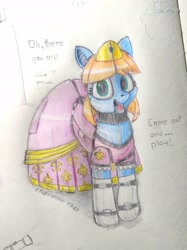 Size: 2351x3135 | Tagged: safe, artist:syndyfon, derpibooru import, oc, oc only, oc:princess elonrie, earth pony, animatronic, five nights at freddy's, solo, tongue, tongue out, traditional art